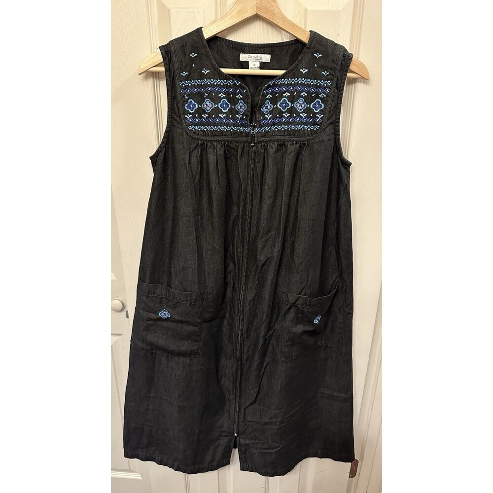 Go Softly Patio Black Denim Embroidered‎ Sleeveless Zip Dress 100% Cotton Size S